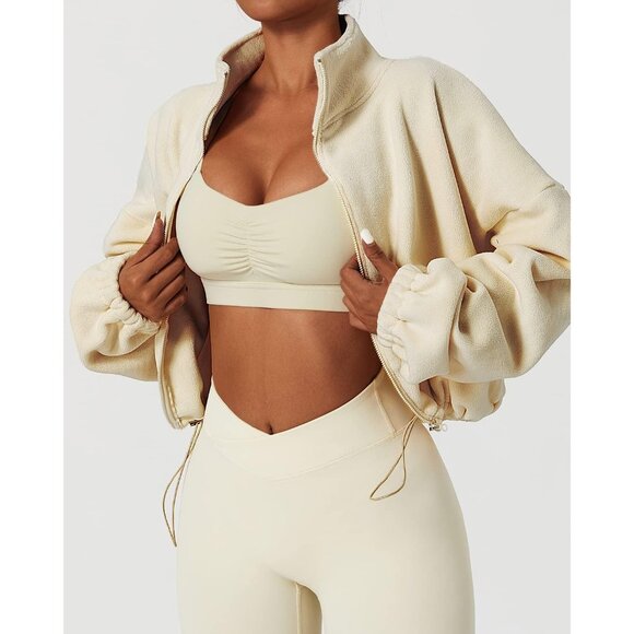 Women's Ivory Zip Fleece Warm Winter Long Sleeve Stand Collar Sherpa Jacket - Picture 3 of 6